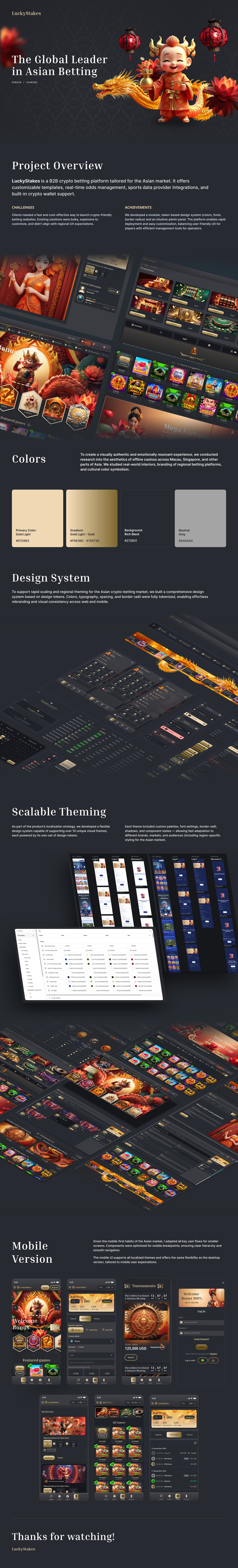 LuckyStakes visual identity with gold and red illustrations on a dark background.